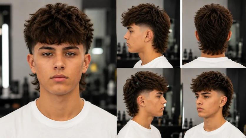  Modern Burst Fade Mullet haircut with textured volume, sharp fade sides, 