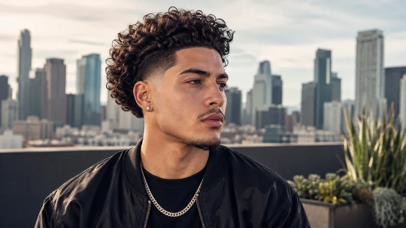 Modern curly burst fade haircut with defined curls and clean burst fade transition, male model on a luxury urban rooftop in natural light.