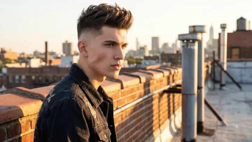 Modern High Burst Fade haircut for men with a textured quiff and sharp high fade, photographed on a rooftop with a city skyline backdrop.