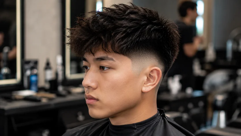 Modern Mid Burst Fade haircut on a young Asian man featuring a textured top, smooth burst fade, and stylish contemporary barber look.