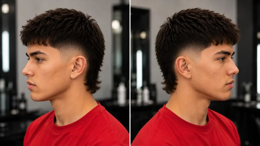 Short Burst Fade Mullet haircut with short textured hair, clean burst fade sides.