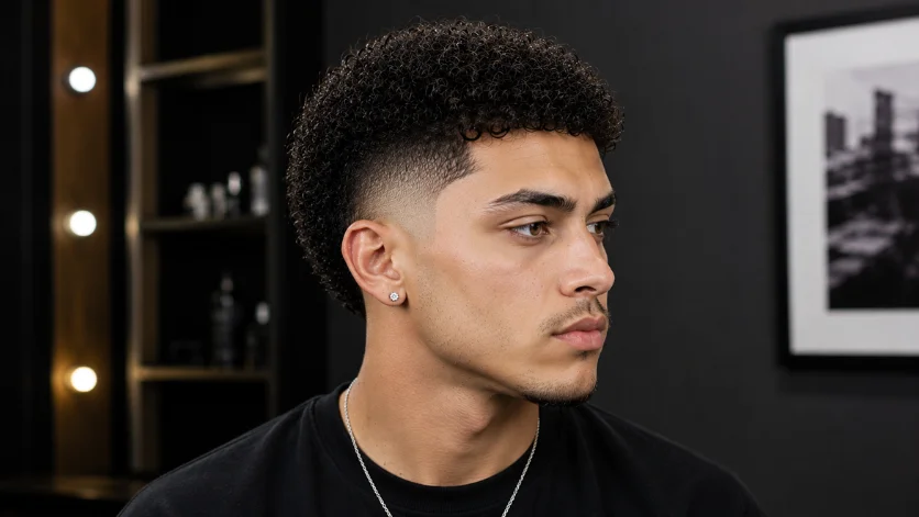 Short curly burst fade haircut with tight curls and clean fade detailing,