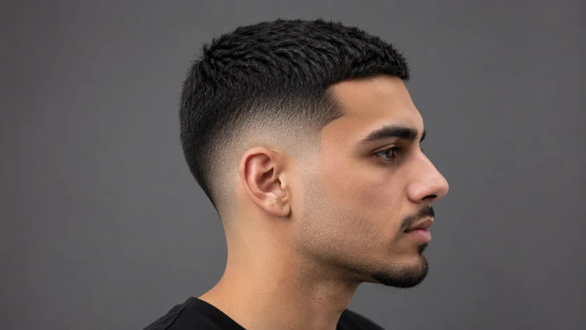 Short low burst fade hairstyle for men