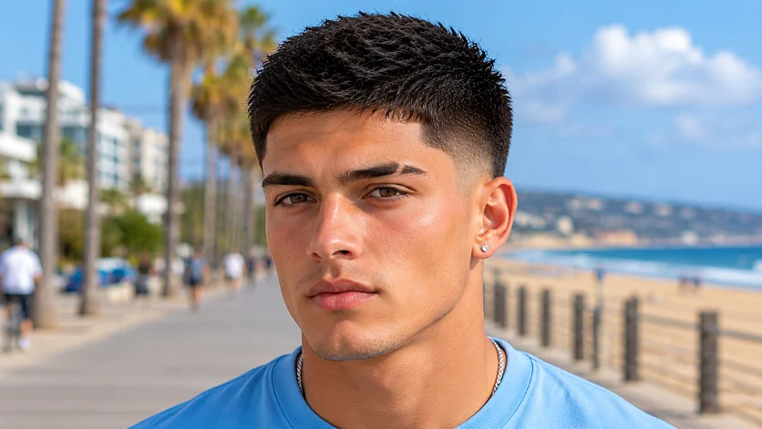 Short straight burst fade haircut with cropped top