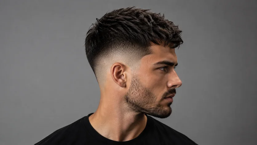 Skin low burst fade haircut with clean skin fade, textured top, and seamless blending around the ears.