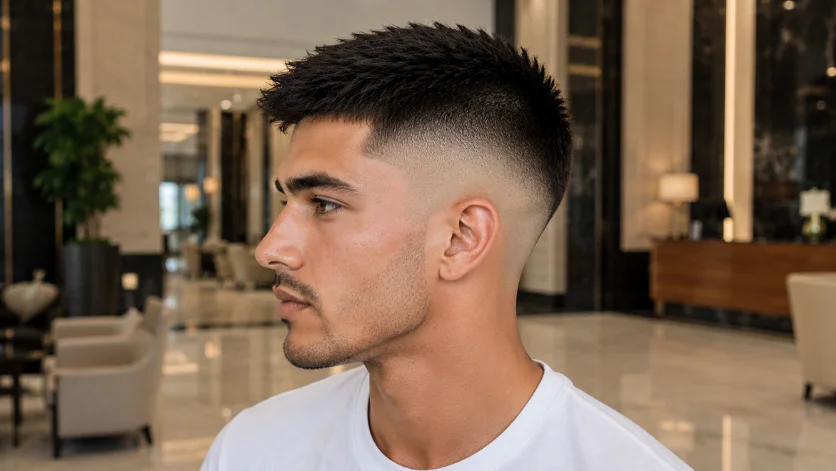 Skin straight burst fade haircut with bald fade