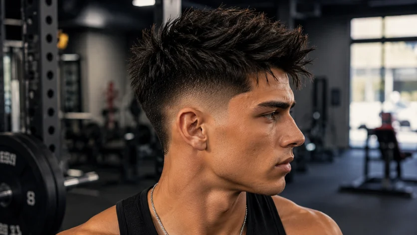 Spiky hair low burst fade hairstyle for men with textured spiky top,