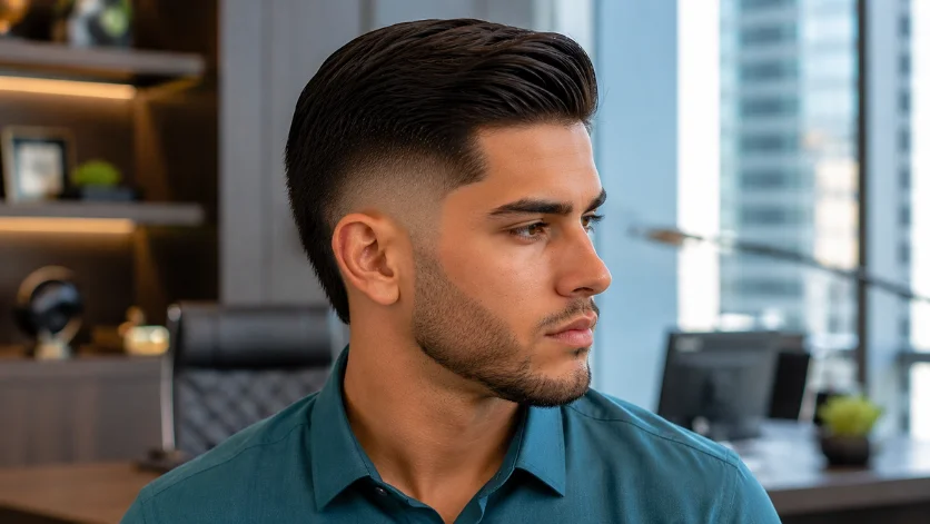 Straight burst fade comb over haircut with side sweep