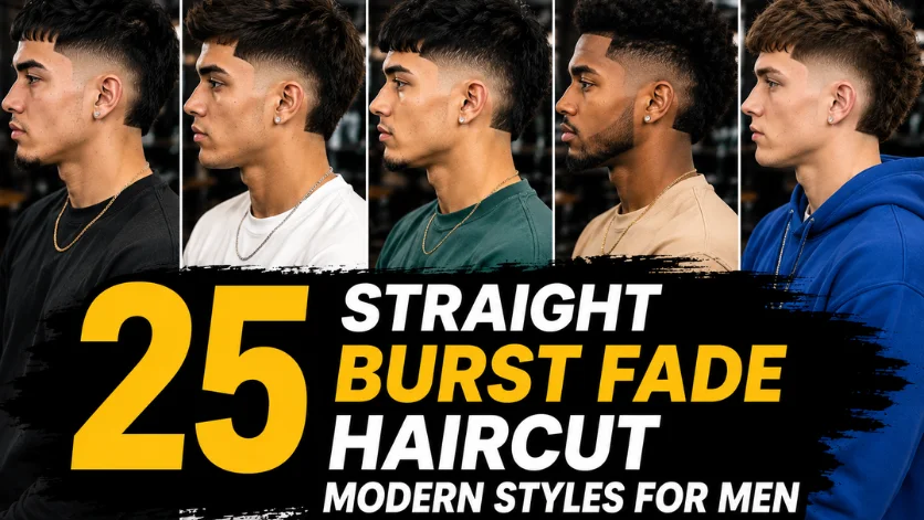 Straight Burst Fade Haircut featuring five men with modern straight burst fade hairstyles, sharp fade transitions, and stylish barber cuts.