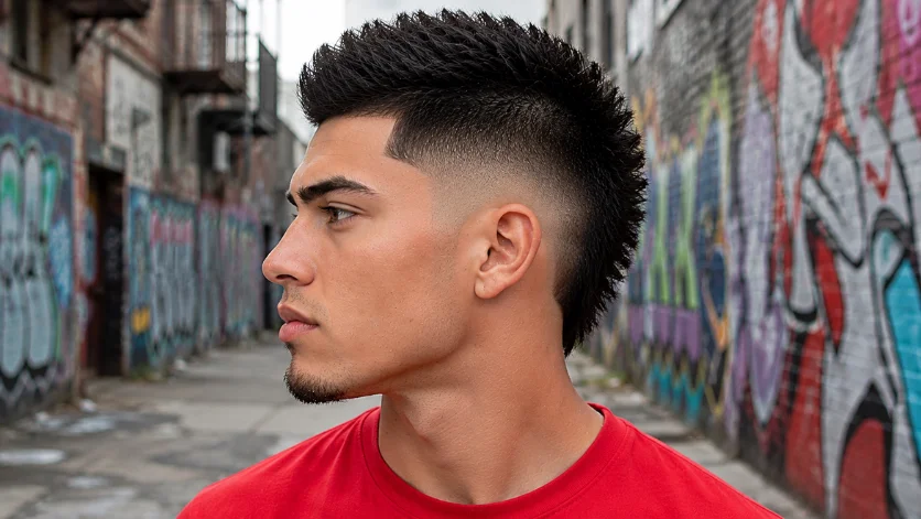 Straight burst fade mohawk haircut with sharp fade