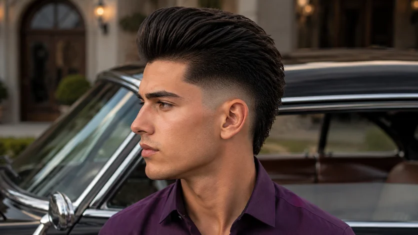 Straight burst fade pompadour haircut with high volume