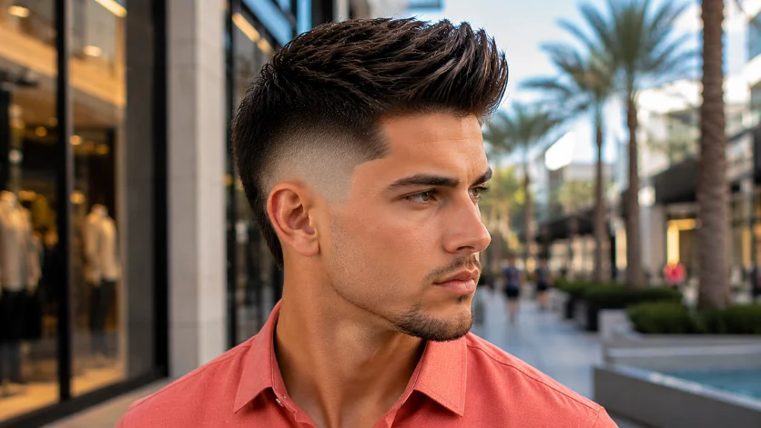 Straight burst fade quiff haircut with lifted volume