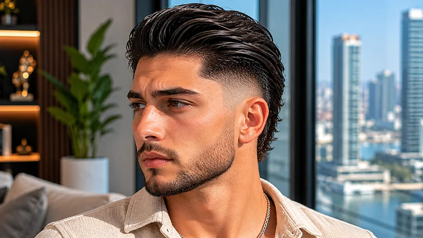 Straight burst fade slick back haircut for men
