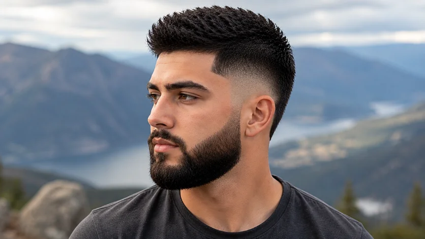 Straight burst fade with beard and sharp fade blend