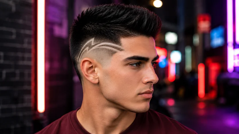 Straight burst fade with design haircut for men