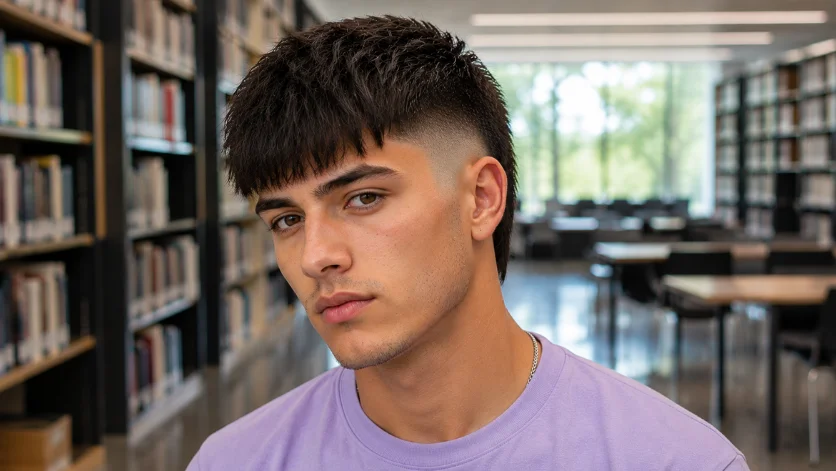 Straight burst fade with fringe haircut for men
