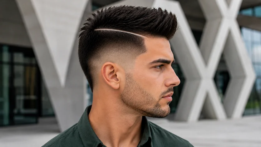 Straight burst fade with hard part haircut
