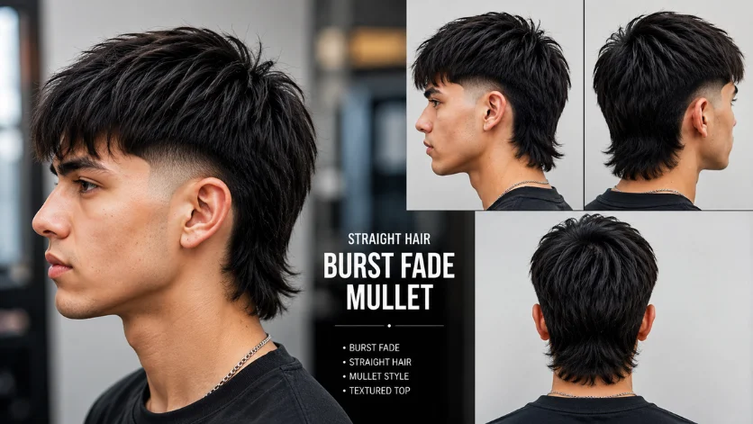 Straight Hair Burst Fade Mullet hairstyle for men.