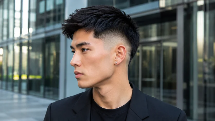 Straight Hair High Burst Fade haircut for men with straight textured hair, clean high burst fade, and modern office building background.