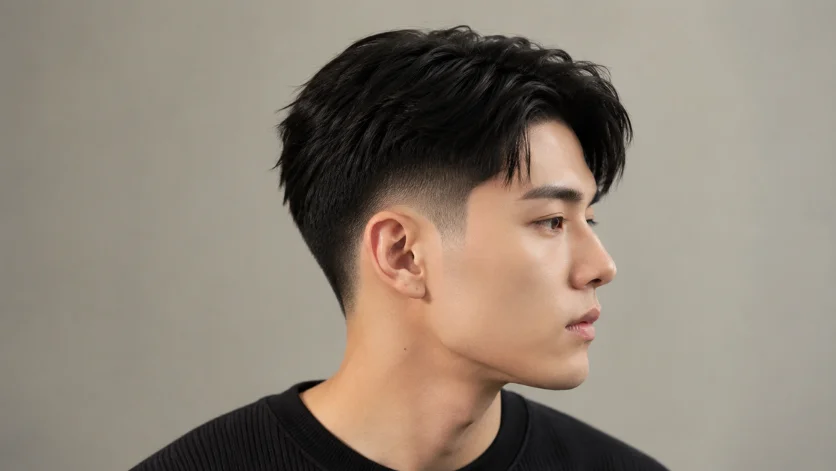 Straight hair low burst fade hairstyle for men with sleek textured top