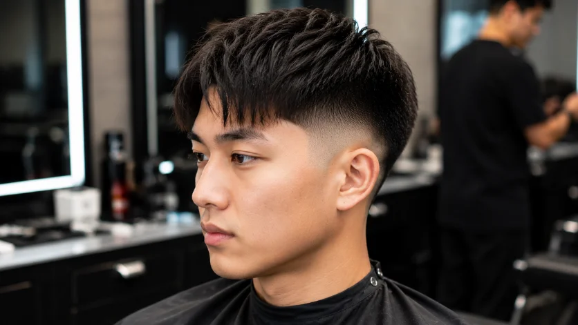 Straight Hair Mid Burst Fade hairstyle for men with a sleek textured top and smooth burst fade