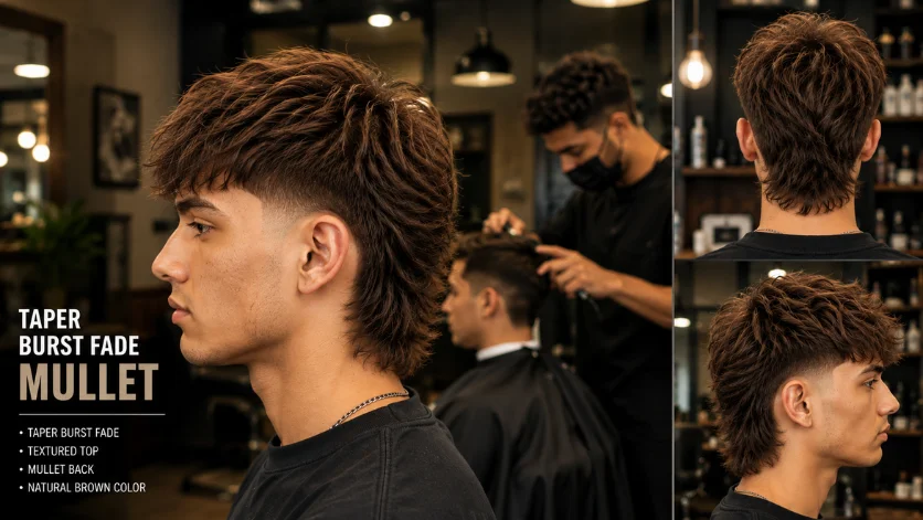 Taper Burst Fade Mullet hairstyle with natural brown hair color in a modern barbershop.