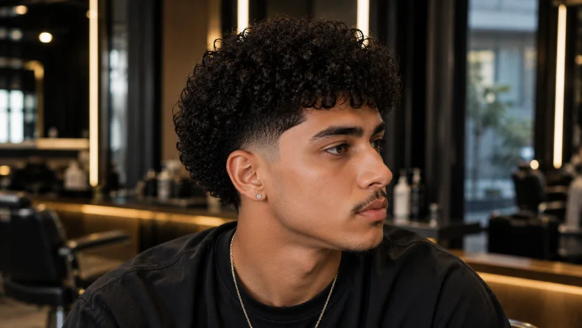 Taper curly burst fade haircut with defined curls and smooth taper fade blend, 
