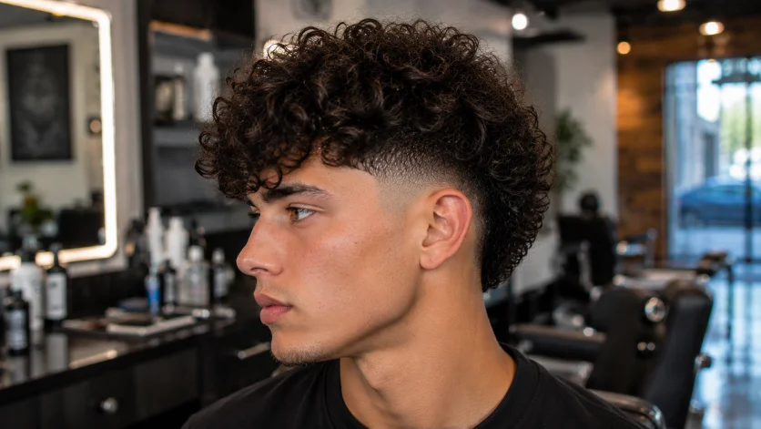 Temple curly burst fade haircut with textured curls, clean temple fade detailing, 