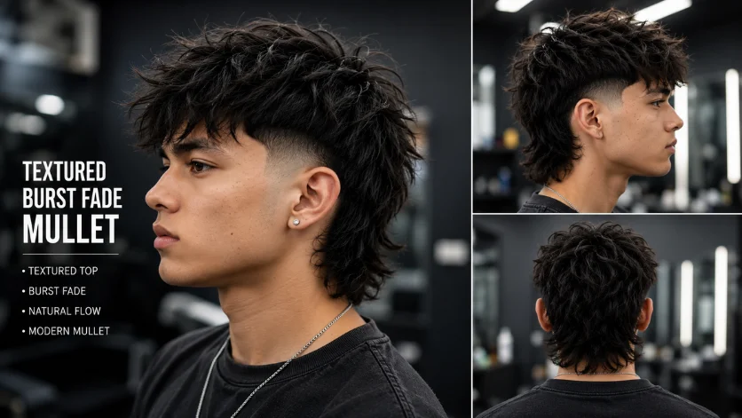 Textured Burst Fade Mullet hairstyle for men featuring a choppy textured top.