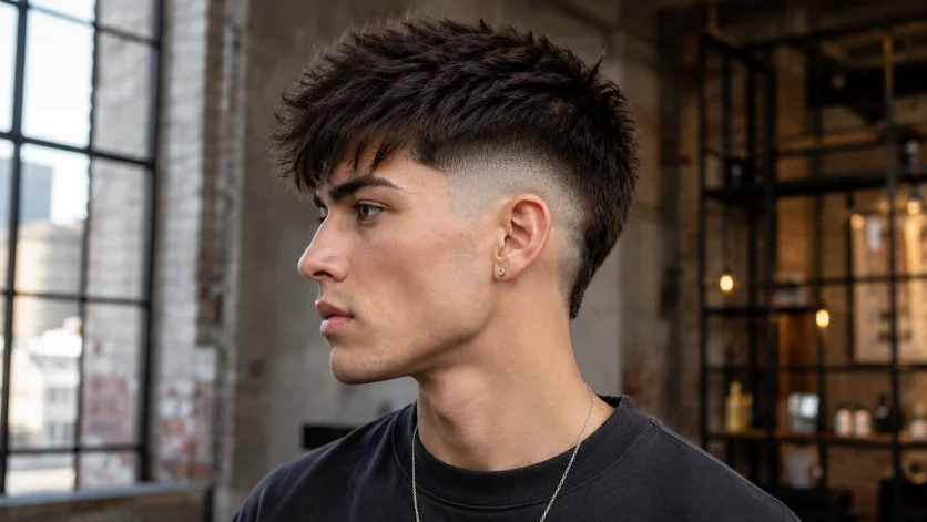 Textured High Burst Fade haircut for men with a messy textured top, sharp burst fade, and industrial loft background, showcasing modern hairstyle details.