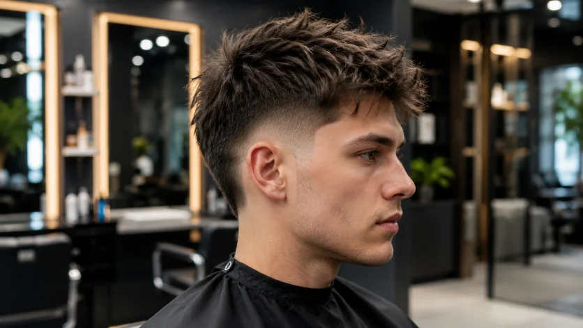 Textured low burst fade hairstyle for men with messy textured hair