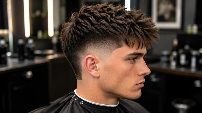 Textured Mid Burst Fade haircut for men featuring a layered top and a sharp burst fade around the ears
