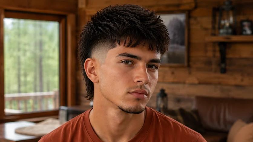 Textured straight burst fade haircut with layered texture