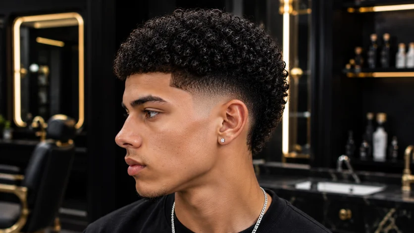 Tight curly burst fade haircut with defined tight curls, precise fade detailing,