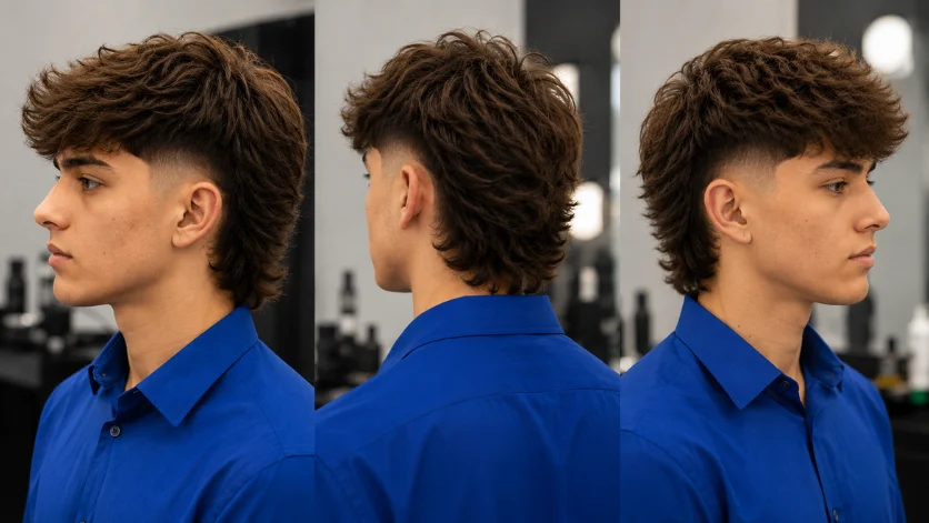 Undercut Burst Fade Mullet haircut with brown textured hair