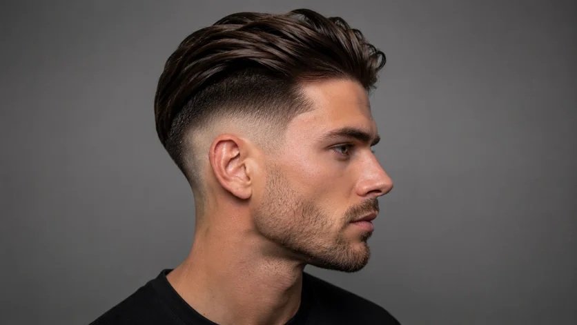 Undercut low burst fade with longer top length