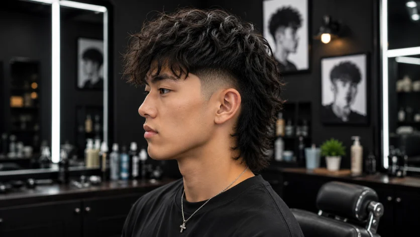Wavy Hair Burst Fade Mullet haircut 