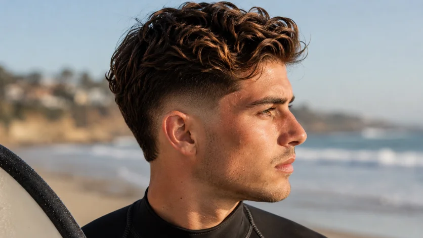Wavy hair low burst fade hairstyle for men with natural waves,