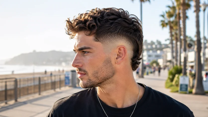 Wavy High Burst Fade haircut for men with textured wavy hair, sharp burst fade, and beachside boardwalk background in natural sunlight.