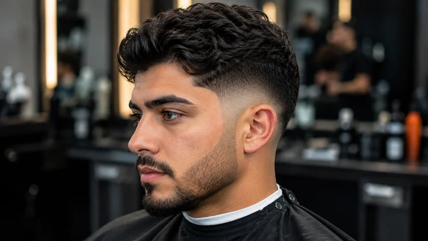 Wavy Mid Burst Fade haircut for men featuring soft natural waves and a clean burst fade around the ears