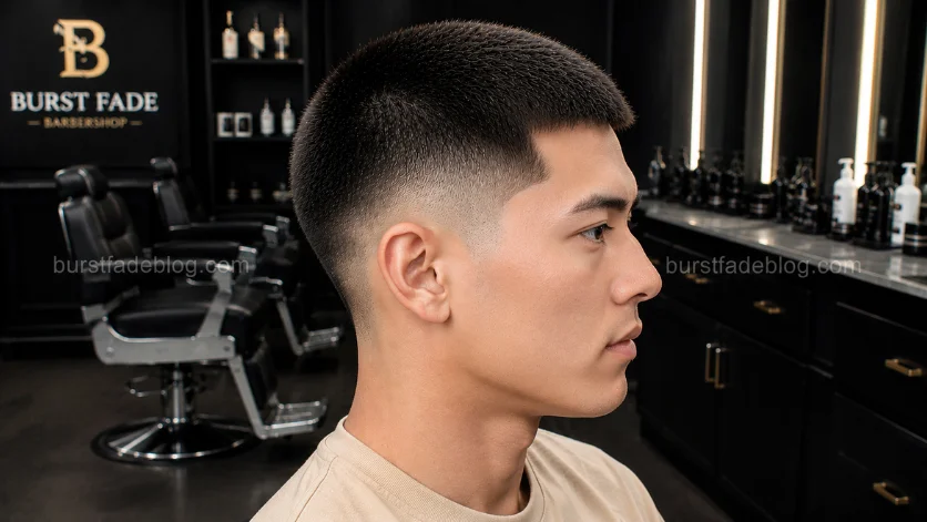**Alt Text (SEO Optimized):**
Straight Hair Burst Fade Buzz Cut haircut with neat straight texture, sharp burst fade, and clean buzzed top in a premium barber studio.
