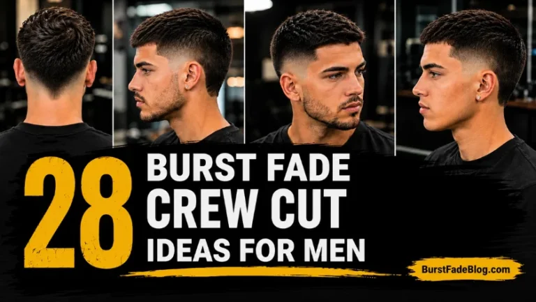 Modern burst fade crew cut haircut with textured top and low skin fade for men.