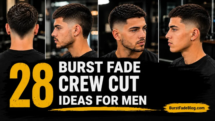 Modern burst fade crew cut haircut with textured top and low skin fade for men.
