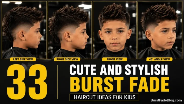 Magazine-style cover featuring 33 cute and stylish burst fade haircut ideas for kids with four hairstyle views.