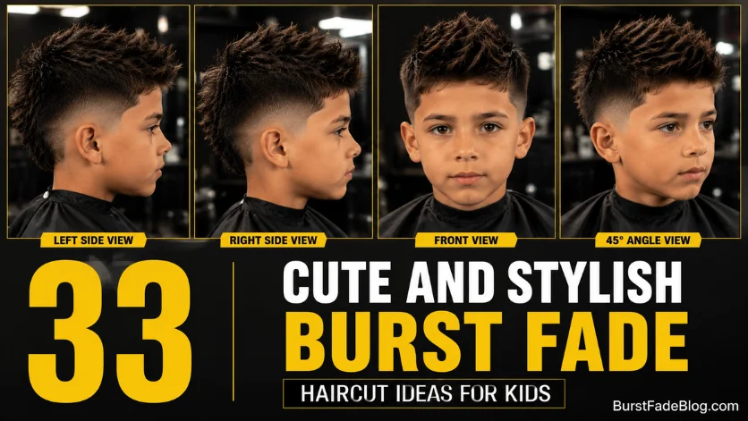 Magazine-style cover featuring 33 cute and stylish burst fade haircut ideas for kids with four hairstyle views.