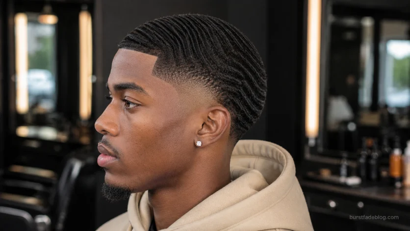 360 waves burst fade for Black men with sharp lineup and detailed wave pattern.