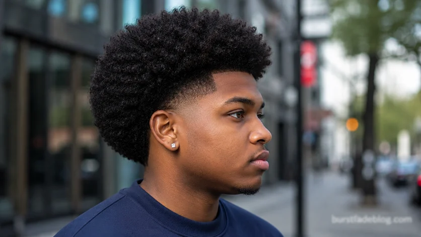 Afro Burst Fade haircut for Black men with a full natural afro and clean burst fade around the ears