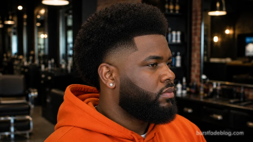 Afro burst fade with full beard on Black man