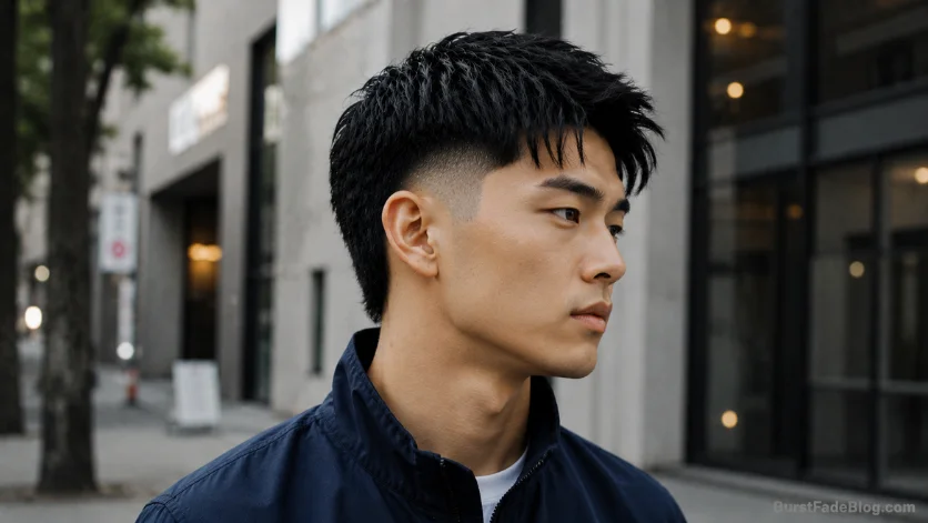 Asian burst fade haircut with sleek straight hair, precise styling, and a smooth fade around the ears in a modern city street setting.