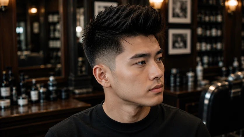 **SEO Optimized Alt Text:**
Asian quiff haircut for men with straight textured hair, clean fade, and a modern stylish look in a luxury barber shop.